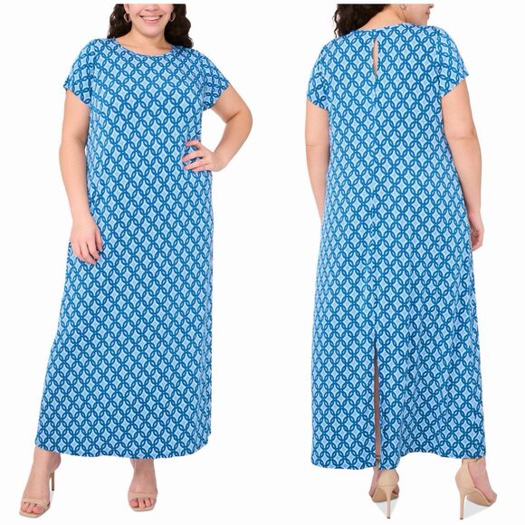 MSK Dresses & Skirts - MSK Plus Size Printed Blue Round-Neck Short-Sleeve Maxi Dress 2X